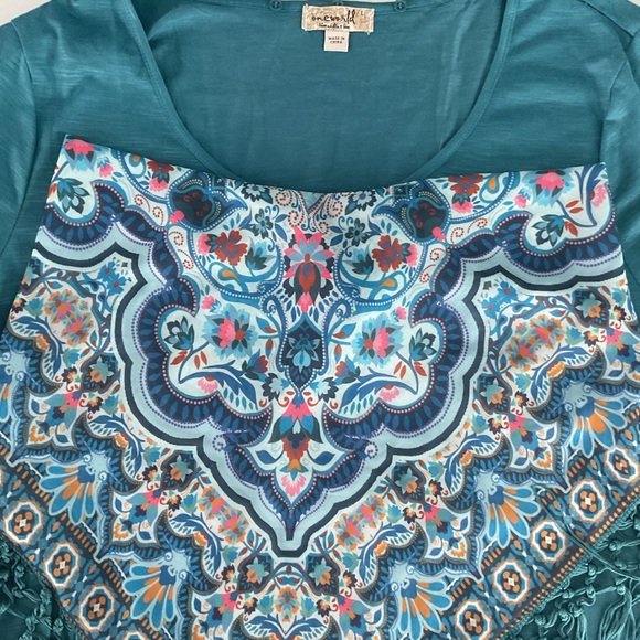ONE WORLD TOP BLOUSE WITH PRINTED HEM AND DETACHABLE SCARF SZ LARGE NWT - Picture 3 of 6